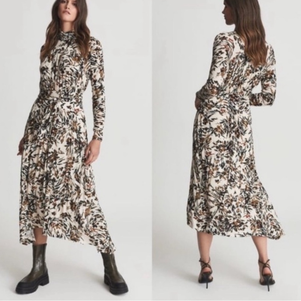 REISS Bobby Midi Dress Belted Tie Waist High Neck Long Sleeve Multi Color Floral